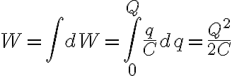 $W=\int dW=\int_0^Q \frac{q}{C} dq=\frac{Q^2}{2C}$